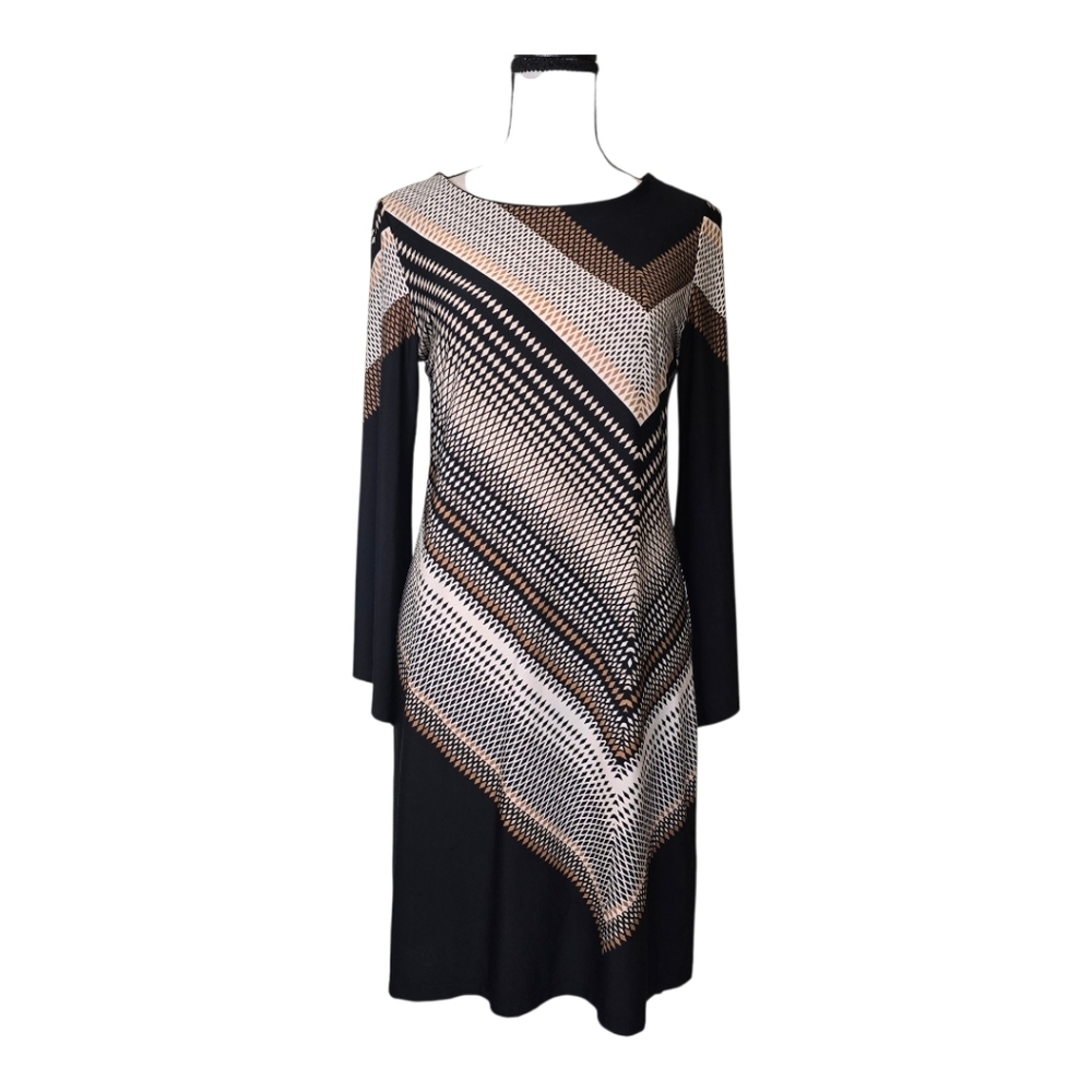 Emma & Michelle Long Sleeve Geometrical Black Brown Dress PS Chevron Modest
